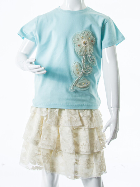 Kız Çocuk Yazlık 2'li Alt Üst Kombin Takmı 4-8 Yaş SET0539 Krem - 4