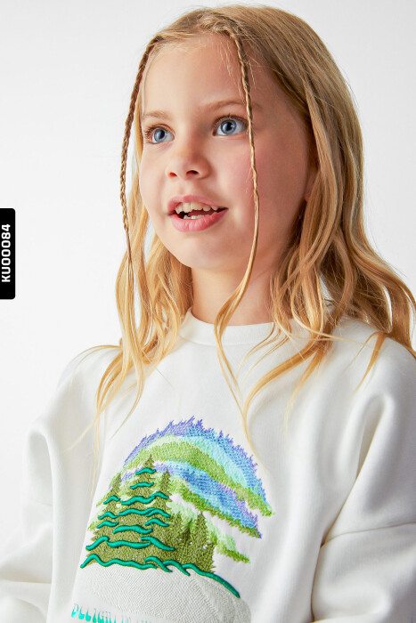 Kız Çocuk Kuzey Işıkları Sweatshirt 4-8 Yaş 35504 Ekru - Mavi - 5