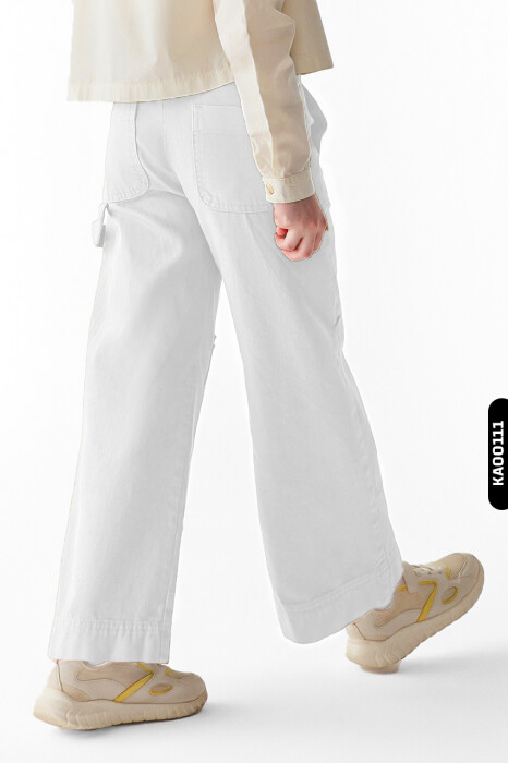 Fermuarlı Çift Kargo Cepli Düz Renk Kız Çocuk Pantolon 8-14 Yaş 56706 Beyaz - 2