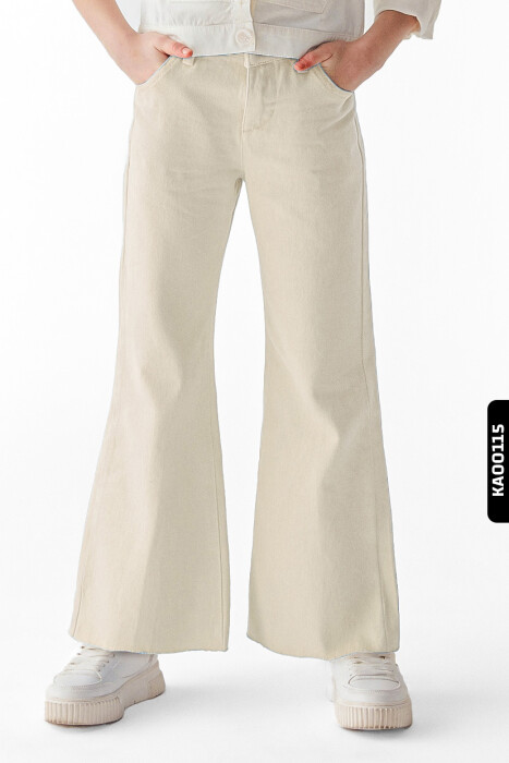 Çift Cepli Geniş Paçalı Kız Çocuk Pantolon 8-14 Yaş 55705 Krem/Cream * - 1