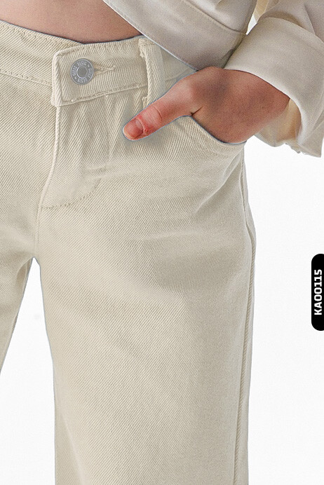 Çift Cepli Geniş Paçalı Kız Çocuk Pantolon 8-14 Yaş 55705 Krem/Cream * - 3