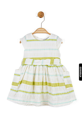 Renk Şeritli Kuşaklı Kolsuz Çift Cepli Kız Çocuk Elbise 9 Ay - 4 Yaş 76603 Ekru - Yeşil - NK KİDS