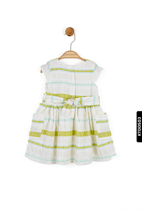 Renk Şeritli Kuşaklı Kolsuz Çift Cepli Kız Çocuk Elbise 9 Ay - 4 Yaş 76603 Ekru - Yeşil - 2