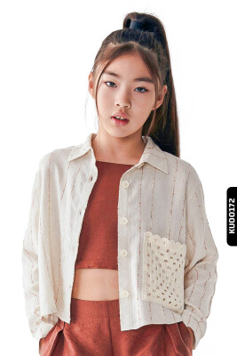 Sivri Yakalı Çizgili Aplikeli Yan Cepli Düğmeli Kız Çocuk Gömlek 8-14 Yaş 36338 Krem-Kahve/Cream-Brown * - NK KİDS