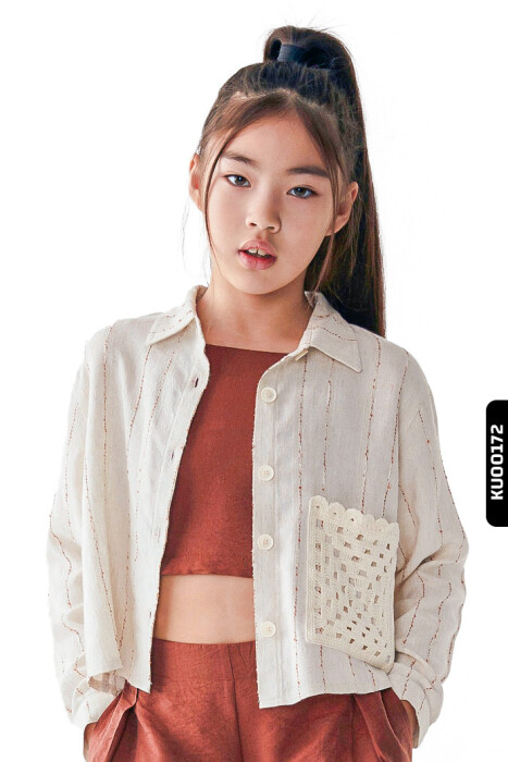 Sivri Yakalı Çizgili Aplikeli Yan Cepli Düğmeli Kız Çocuk Gömlek 8-14 Yaş 36338 Krem-Kahve/Cream-Brown * - 1