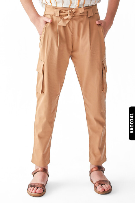 56329 بنطلون بناتي قماشي خصر مطاطي بجيوب كارجو وأكمام عريضة للأعمار 8-14 سنة - 1