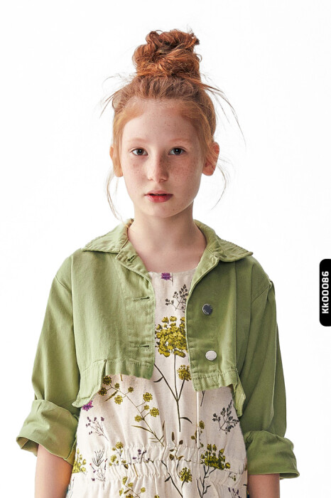 Düğmeli Polo Yakalı sahte Çift Cepli Düz Renk Kız Çocuk Ceket 8-14 Yaş 36704 Yeşil - 1