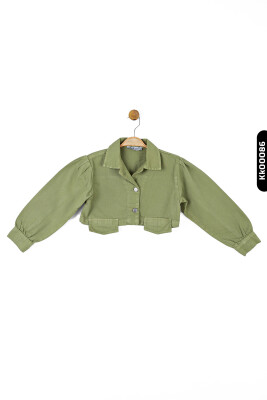 Düğmeli Polo Yakalı sahte Çift Cepli Düz Renk Kız Çocuk Ceket 8-14 Yaş 36704 Yeşil - 3