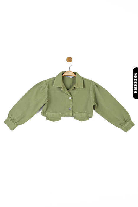 Düğmeli Polo Yakalı sahte Çift Cepli Düz Renk Kız Çocuk Ceket 8-14 Yaş 36704 Yeşil - 3