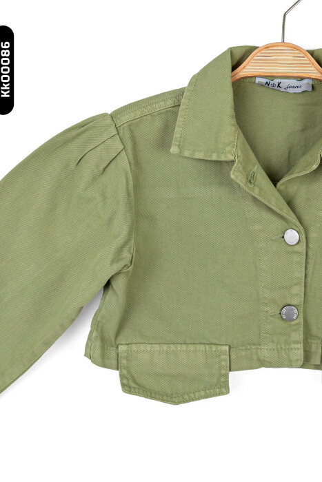 Düğmeli Polo Yakalı sahte Çift Cepli Düz Renk Kız Çocuk Ceket 8-14 Yaş 36704 Yeşil - 5