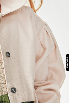 Düğmeli Polo Yakalı sahte Çift Cepli Düz Renk Kız Çocuk Ceket 8-14 Yaş 36704 Krem - 3