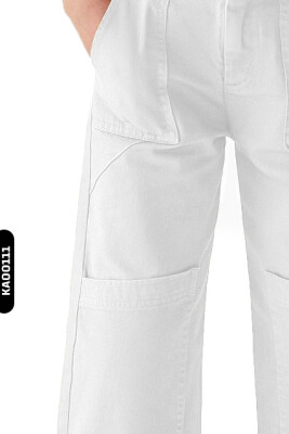 Fermuarlı Çift Kargo Cepli Düz Renk Kız Çocuk Pantolon 8-14 Yaş 56706 Beyaz - 3