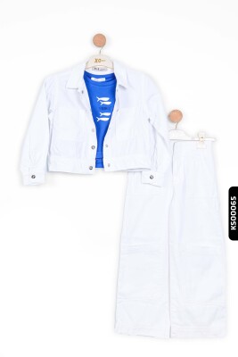 Fermuarlı Çift Kargo Cepli Düz Renk Kız Çocuk Pantolon 8-14 Yaş 56706 Beyaz - 4