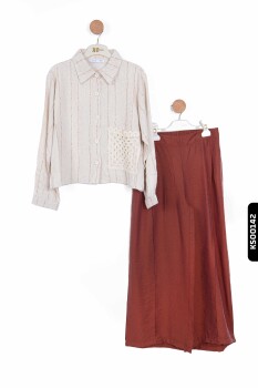 Sivri Yakalı Çizgili Aplikeli Yan Cepli Düğmeli Kız Çocuk Gömlek 8-14 Yaş 36338 Krem-Kahve/Cream-Brown * - 6