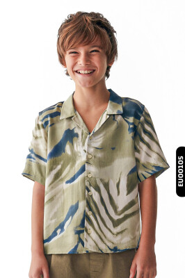 Akıtma Desenli Ceket Yakalı Düğmeli Kısa Kollu Erkek Çocuk Gömlek 8-14 Yaş 46325 Yeşil - NK KİDS