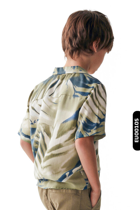 Akıtma Desenli Ceket Yakalı Düğmeli Kısa Kollu Erkek Çocuk Gömlek 8-14 Yaş 46325 Yeşil - 2