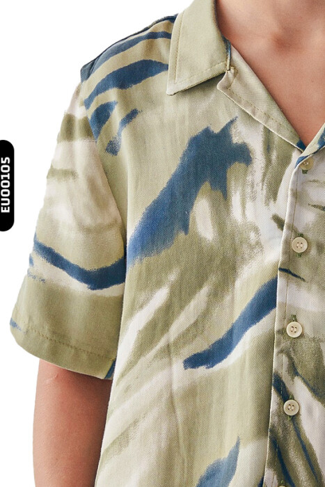 Akıtma Desenli Ceket Yakalı Düğmeli Kısa Kollu Erkek Çocuk Gömlek 8-14 Yaş 46325 Yeşil - 3