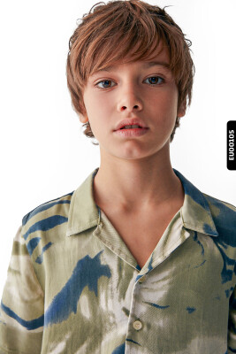 Akıtma Desenli Ceket Yakalı Düğmeli Kısa Kollu Erkek Çocuk Gömlek 8-14 Yaş 46325 Yeşil - 4