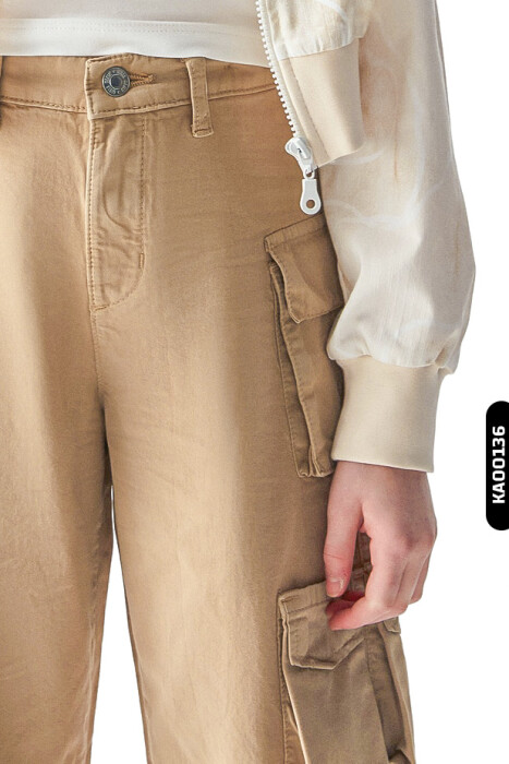 Kargo Cepli Geniş Paçalı Kız Çocuk Pantolon 8-14 Yaş 56714 Camel - 2