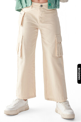 Kargo Cepli Kemerli Geniş Paçalı Kız çocuk pantolon 8-14 Yaş 56701 Krem - 2