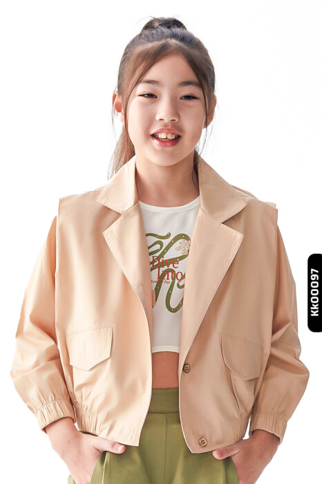 Sivri Yakalı Alt Kısımılı Düğmeli Büzgü Kollu Kız Çocuk Ceket 8-14 Yaş 36432 Camel - 2