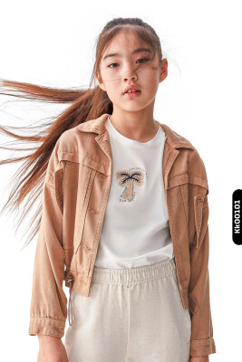 Sivri Yakalı Çift Kapaklı Cepli Düğmeli Kız Çocuk Gömlek 8-14 Yaş 36707 Vizon 