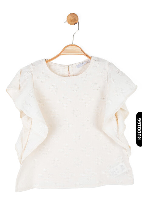 Melek Kollu O Yakalı Arka Düğmeli Ajurlu Kız Çocuk Bluz 8-14 Yaş 36361 Krem - 3