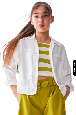 Sivri Yakalı Çift Kapaklı Cepli Düğmeli Kız Çocuk Gömlek 8-14 Yaş 36707 Beyaz 