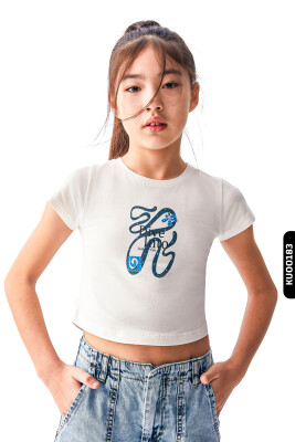 Dijital Baskılı Kristal Taş Baskılı T-Kollu Slim Fitli Kız Çocuk Tişört 8-14 36435 Ekru - Lacivert 