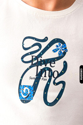 Dijital Baskılı Kristal Taş Baskılı T-Kollu Slim Fitli Kız Çocuk Tişört 8-14 36435 Ekru - Lacivert - 3