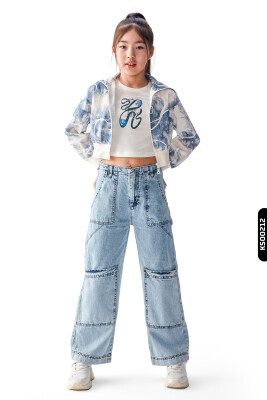 Dijital Baskılı Kristal Taş Baskılı T-Kollu Slim Fitli Kız Çocuk Tişört 8-14 36435 Ekru - Lacivert - 4