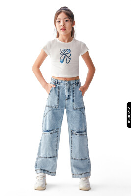 Dijital Baskılı Kristal Taş Baskılı T-Kollu Slim Fitli Kız Çocuk Tişört 8-14 36435 Ekru - Lacivert - 5