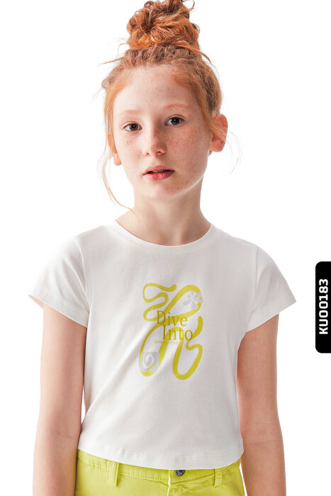 Dijital Baskılı Kristal Taş Baskılı T-Kollu Slim Fitli Kız Çocuk Tişört 8-14 36435 Ekru - Yeşil - 1