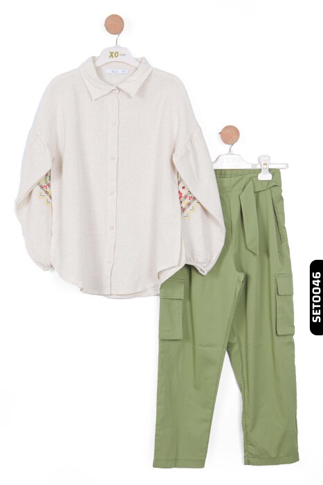 Lastikl Kuşaklı Belli Kargo Cepli Geniş Paçalı Kız Çocuk Pantolon 8-14 Yaş 56329 Haki - 5