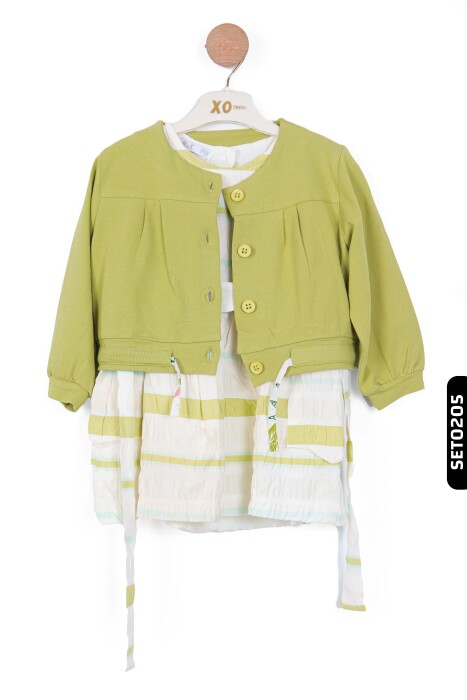 Renk Şeritli Kuşaklı Kolsuz Çift Cepli Kız Çocuk Elbise 9 Ay - 4 Yaş 76603 Ekru - Yeşil - 3