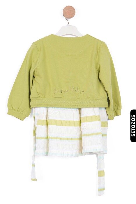 Renk Şeritli Kuşaklı Kolsuz Çift Cepli Kız Çocuk Elbise 9 Ay - 4 Yaş 76603 Ekru - Yeşil - 4