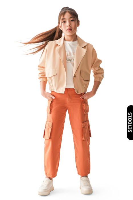 Sivri Yakalı Alt Kısımılı Düğmeli Büzgü Kollu Kız Çocuk Ceket 8-14 Yaş 36432 Camel - 6