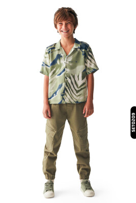 Akıtma Desenli Ceket Yakalı Düğmeli Kısa Kollu Erkek Çocuk Gömlek 8-14 Yaş 46325 Yeşil - 5