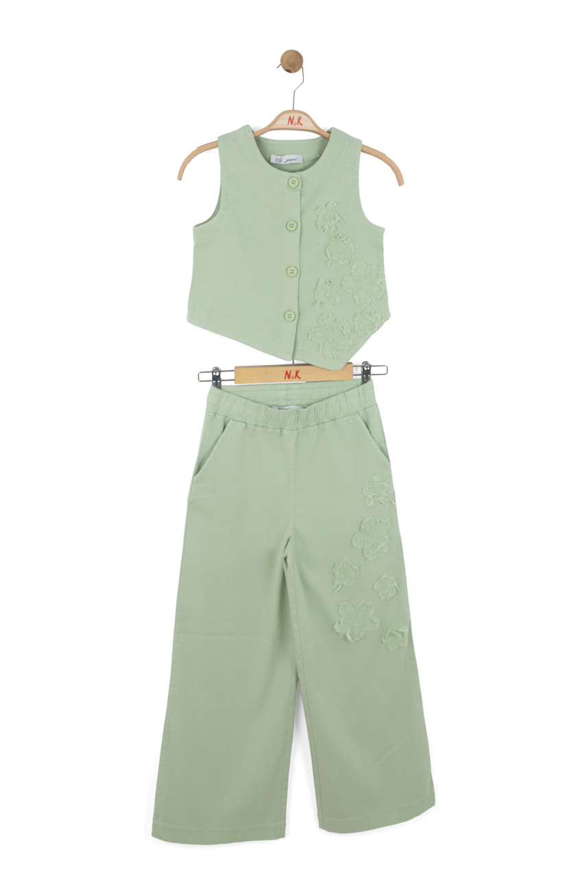 Kız Çocuk 2'li Alt Üst Takım (Yelek + Pantolon) 8-14 Yaş 11303 Yeşil - 3