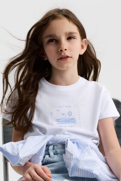 Kız Çocuk Tişort 8-14 Yaş 31384 Beyaz - Mavi - 3