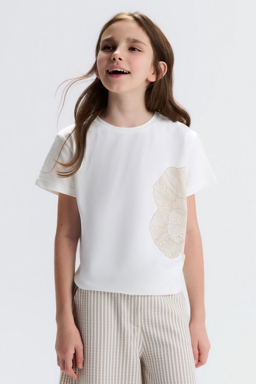 Kız Çocuk Tişort 8-14 Yaş 31308 Ekru - Vizon - 1