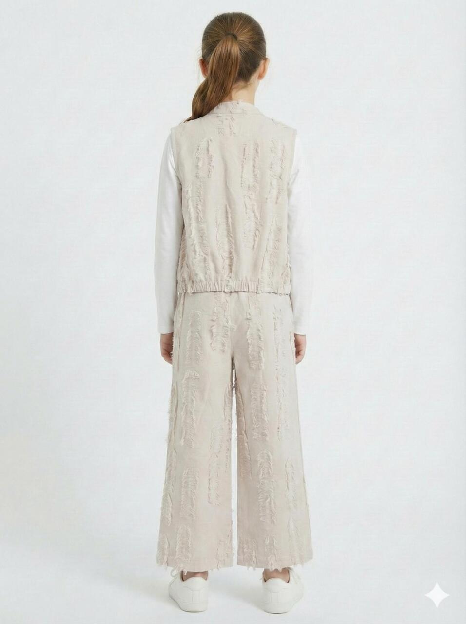 Kız Çocuk 3'lü Alt Üst Kombin Takmı 8-14 Yaş SET0495 Krem - 2