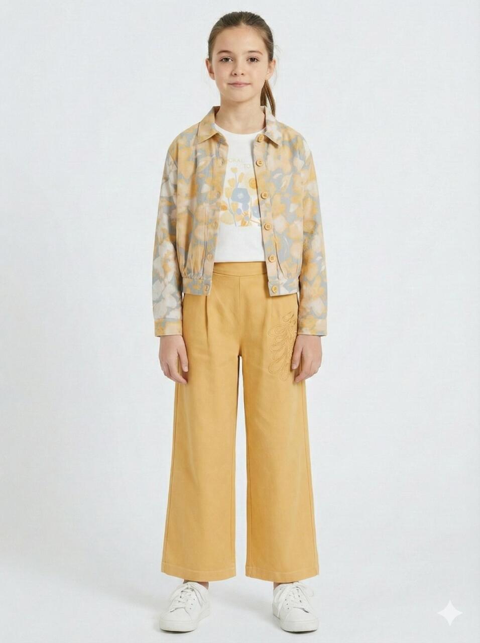 Kız Çocuk 3'lü Alt Üst Kombin Takmı 8-14 Yaş SET0502 Sarı - 1