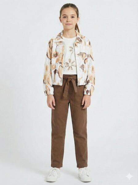 Kız Çocuk 3'lü Alt Üst Kombin Takmı 8-14 Yaş SET0493 Kahverengi - NK KİDS