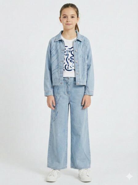 Kız Çocuk 3'lü Alt Üst Kombin Takmı 8-14 Yaş SET0498 Mavi - NK KİDS