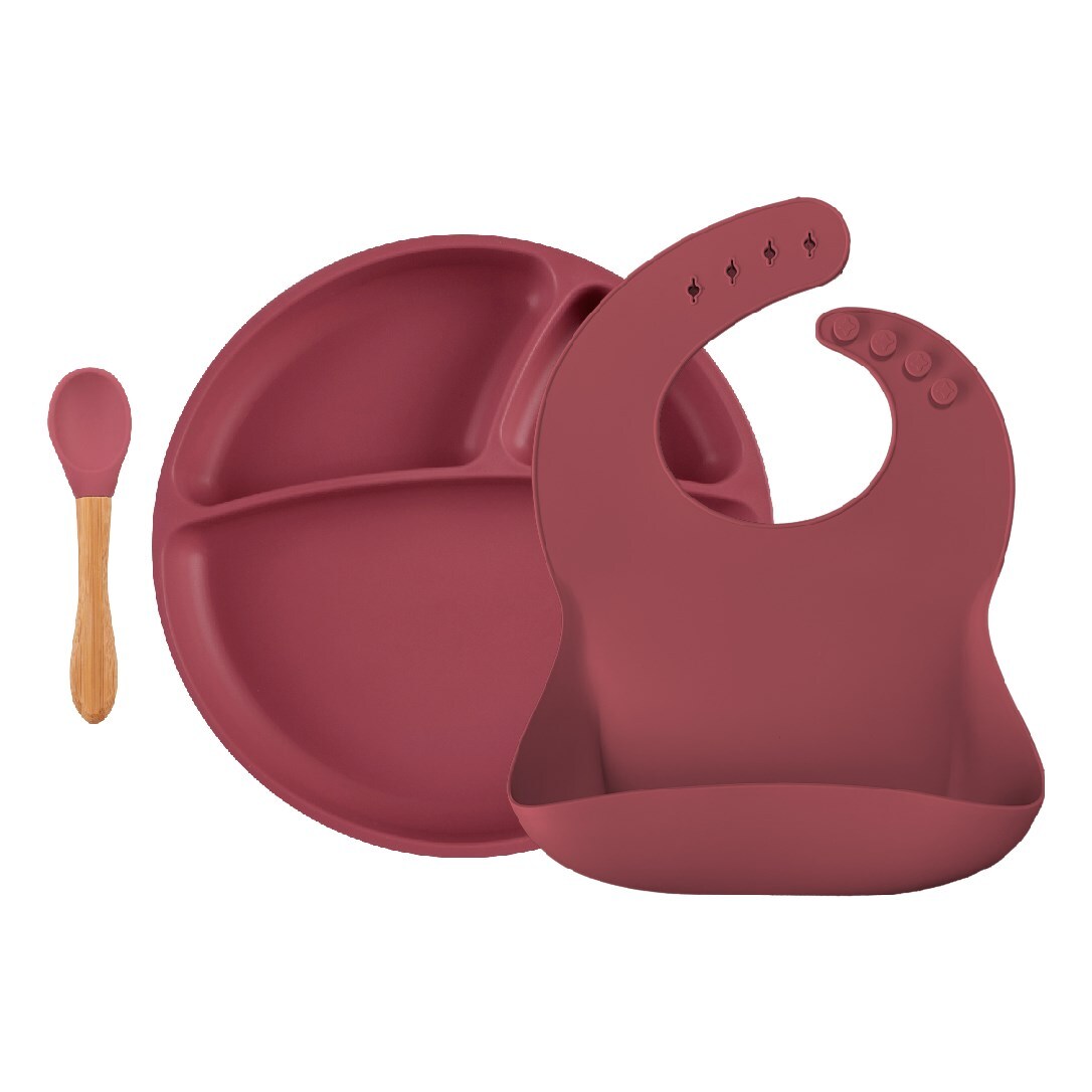 مجموعة تغذية سيليكون OiOi BLW II مكونة من 3 قطع (مع أطباق) لون وردي مخملي - 1