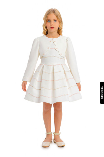 Bolerolu Yuvarlak Yakalı Çizgili 2'li Kız Çocuk Elbise 3-7 Yaş 34200 Ekru - Pembe - 1