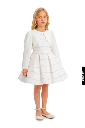 Bolerolu Yuvarlak Yakalı Çizgili 2'li Kız Çocuk Elbise 3-7 Yaş 34200 Ekru - Pembe - 8