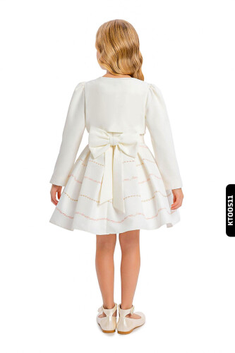 Bolerolu Yuvarlak Yakalı Çizgili 2'li Kız Çocuk Elbise 3-7 Yaş 34200 Ekru - Pembe - 9