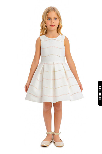 Bolerolu Yuvarlak Yakalı Çizgili 2'li Kız Çocuk Elbise 3-7 Yaş 34200 Ekru - Pembe - 10